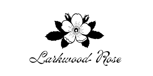 Black floral design with 'Larkwood Rose' text on a white background