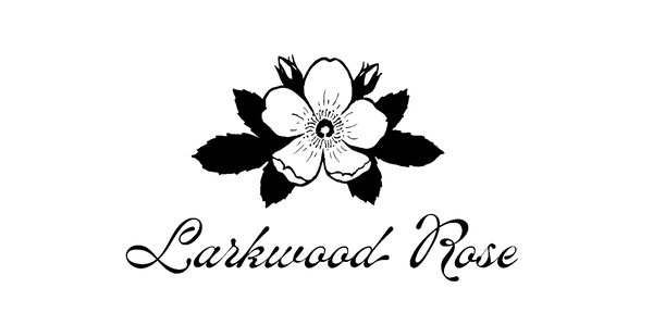 Black floral design with 'Larkwood Rose' text on a white background